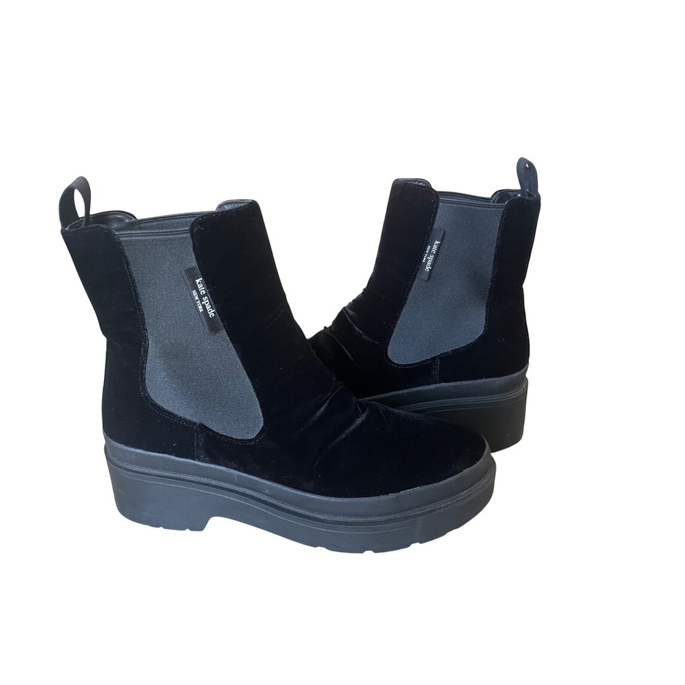 Kate Spade New York Black Velvet Chelsea Platform Lug Sole Boots Booties